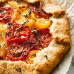Rustic Goat Cheese and Heirloom Tomato Galette with golden flaky crust, colorful roasted tomatoes, and fresh basil.