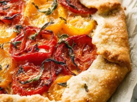 Goat Cheese and Heirloom Tomato Galette 49 Rustic Goat Cheese and Heirloom Tomato Galette with golden flaky crust, colorful roasted tomatoes, and fresh basil.