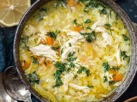 Greek Lemon Chicken Soup 46 A rustic bowl of Greek Lemon Chicken Soup topped with fresh dill, shredded chicken, and carrots, with lemons and bread in the background.