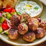 Greek Meatballs Keftedes With Tzatziki Sauce served on a plate with fresh salad and pita bread.