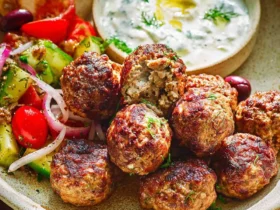 Greek Meatballs Keftedes With Tzatziki Sauce 47 Greek Meatballs Keftedes With Tzatziki Sauce served on a plate with fresh salad and pita bread.