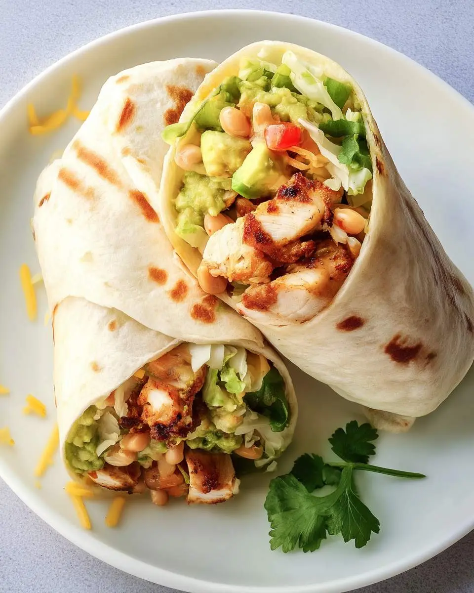 Two grilled chicken burritos cut in half and stacked on a white plate, filled with chicken, beans, avocado, and lettuce.