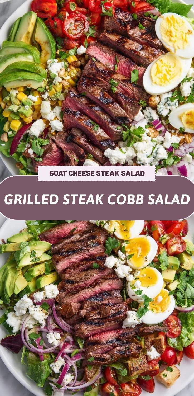 Finished grilled steak cobb salad in a white bowl ready to serve