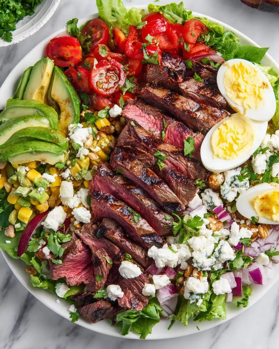 Sliced grilled steak arranged over fresh salad greens with colorful vegetables
