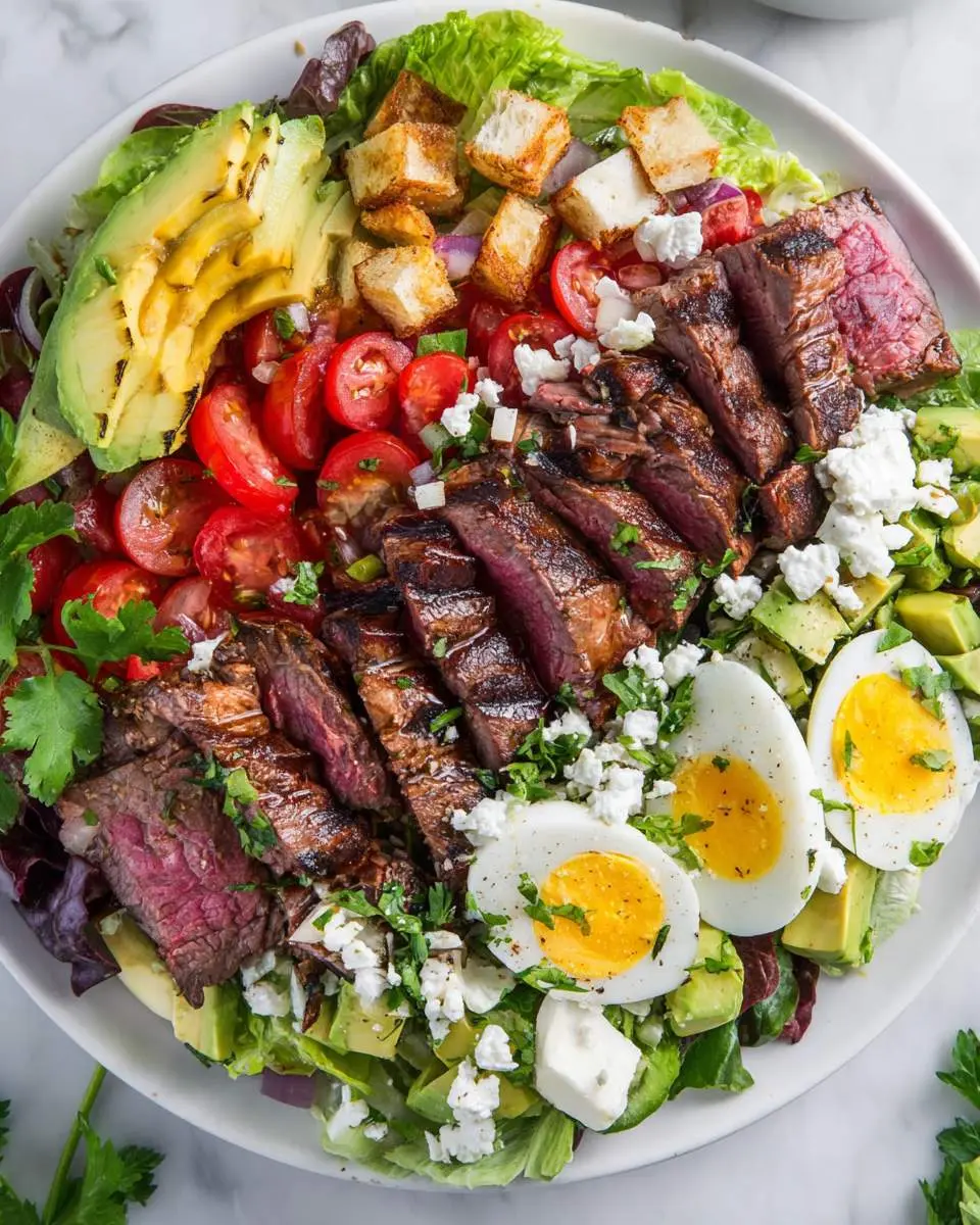 Grilled steak cobb salad ingredients arranged on a cutting board with fresh vegetables and sliced steak