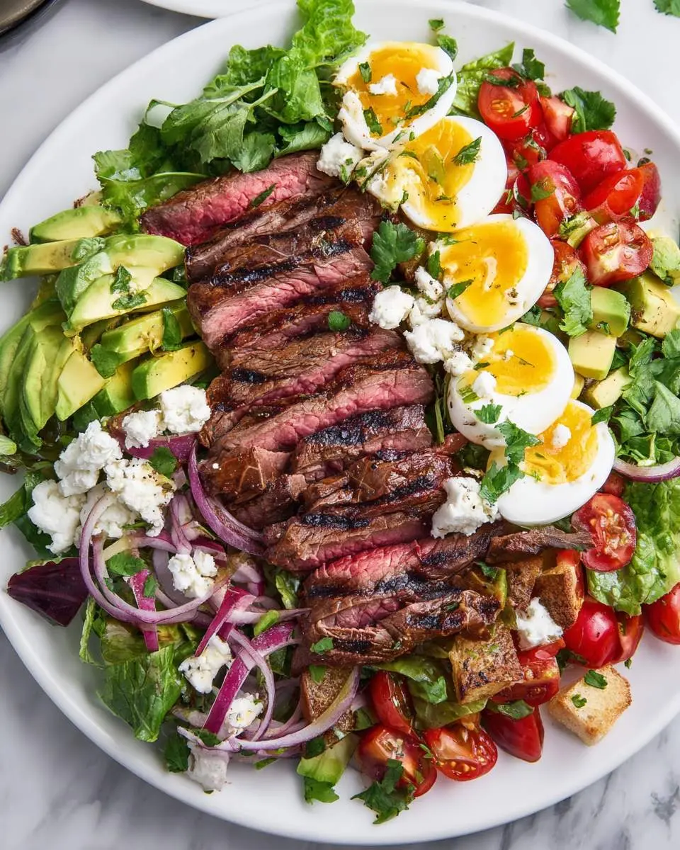 Grilled Steak Cobb Salad with sliced medium-rare steak, hard-boiled eggs, avocado, tomatoes, blue cheese, and red onion on a white plate.