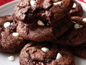 Hot Chocolate Cookies 55 Stack of rich Hot Chocolate Cookies with melted chocolate and white chocolate chips on a white plate.