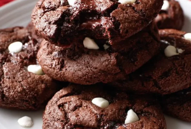Stack of rich Hot Chocolate Cookies with melted chocolate and white chocolate chips on a white plate.