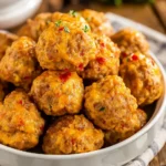 A white bowl filled with golden Hot Sausage Balls with Rotel and Cheddar, garnished with fresh herbs.