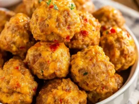 Hot Sausage Balls with Rotel and Cheddar 50 A white bowl filled with golden Hot Sausage Balls with Rotel and Cheddar, garnished with fresh herbs.