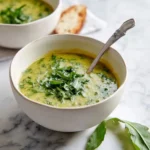 Two bowls of creamy Italian Dandelion Soup garnished with fresh herbs, served with toasted bread on a marble surface.