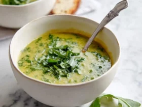 Italian Dandelion Soup 52 Two bowls of creamy Italian Dandelion Soup garnished with fresh herbs, served with toasted bread on a marble surface.