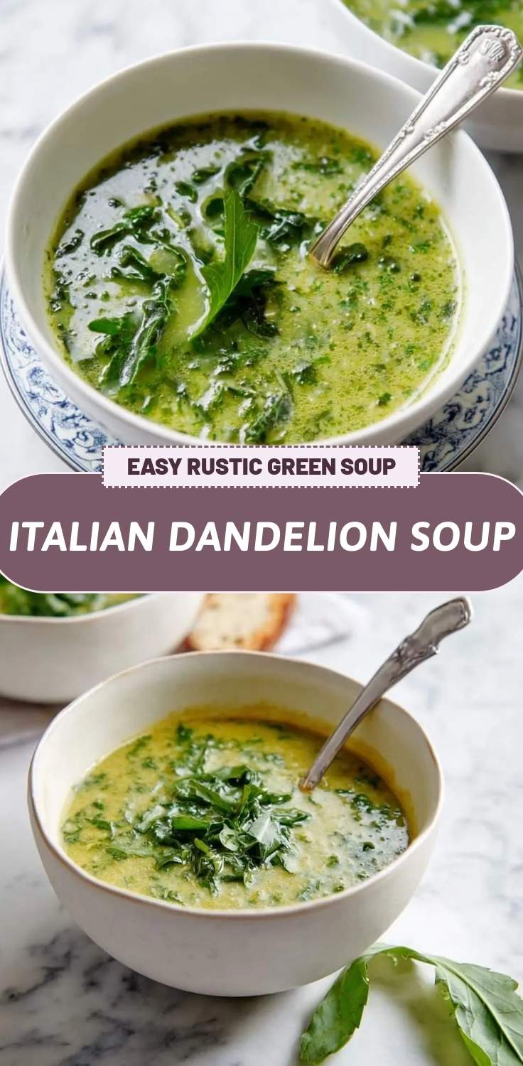 Italian Dandelion Soup 27 Finished bowl of soup topped with olive oil and cheese, ready to serve