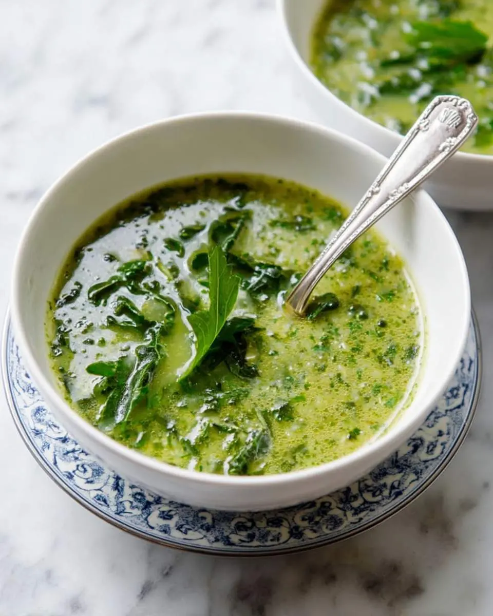 Italian Dandelion Soup 26 Simmering pot of soup with greens being stirred into creamy white bean base