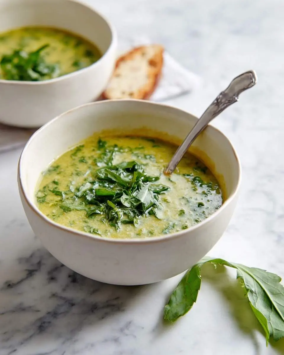 Italian Dandelion Soup 28 Two bowls of creamy Italian Dandelion Soup garnished with fresh herbs, served with toasted bread on a marble surface.