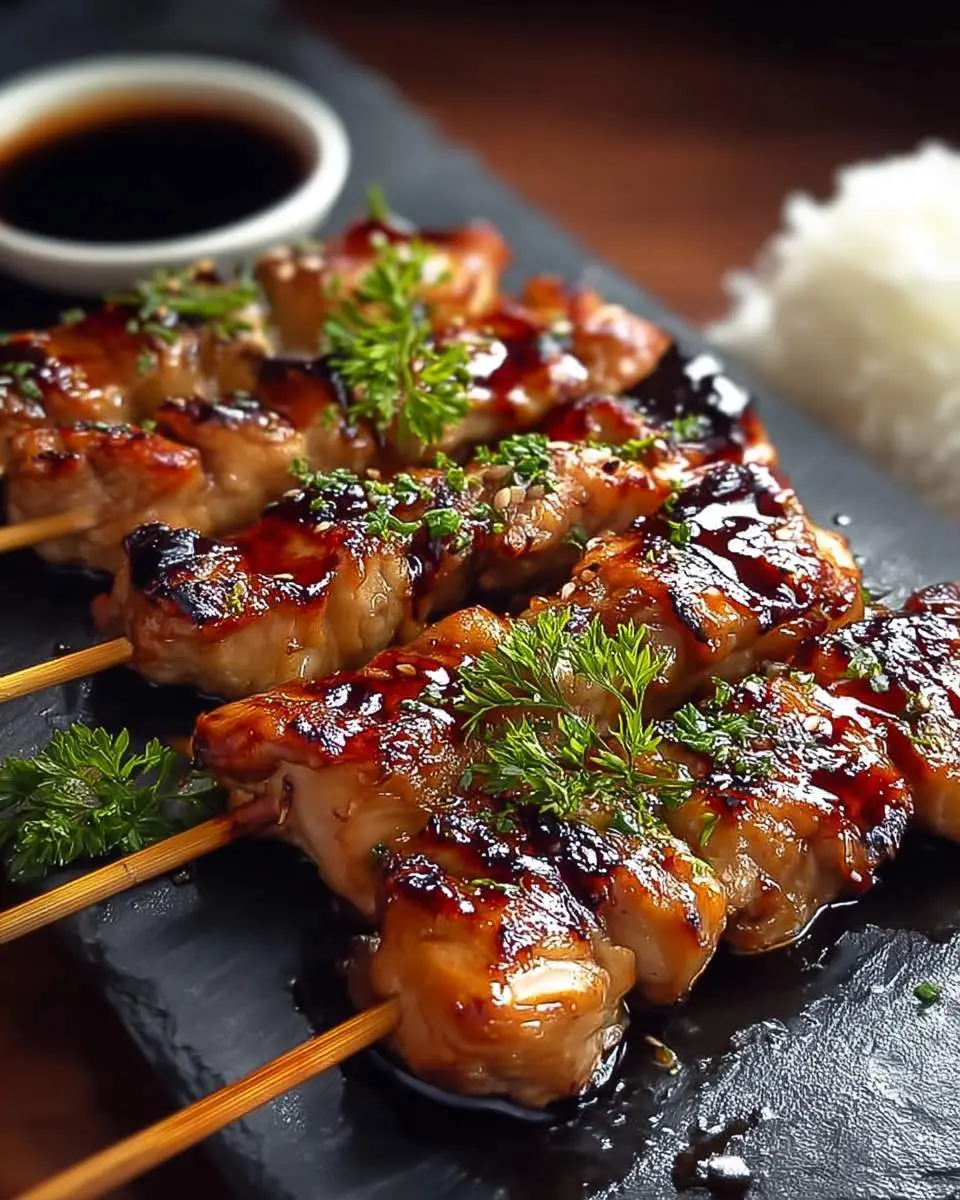 Glazed Japanese Chicken Yakitori skewers on a black slate plate with dipping sauce and rice.