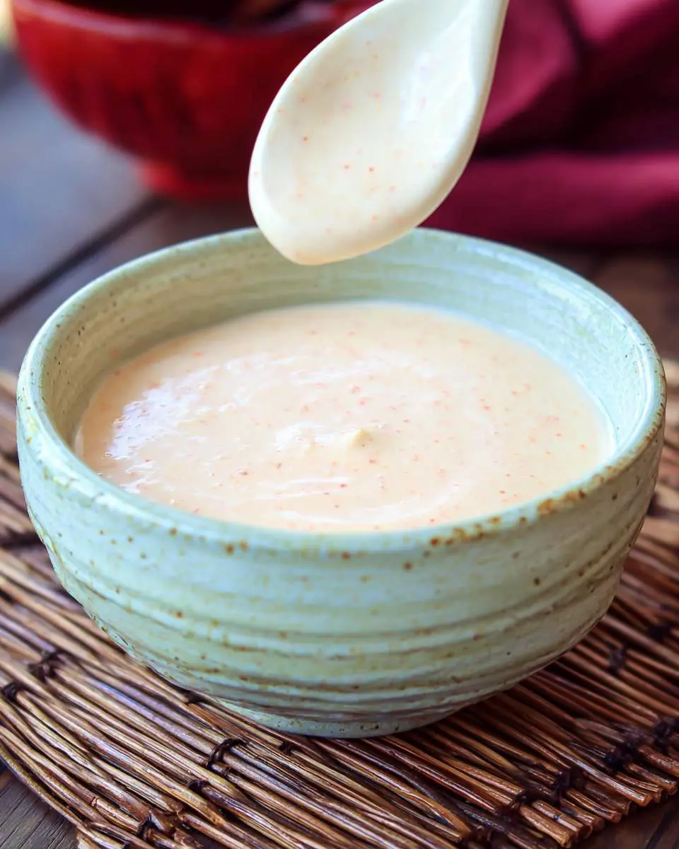Creamy Japanese Steakhouse White Sauce in a green ceramic bowl with a white spoon lifting some sauce.