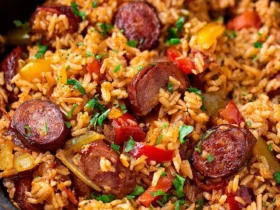 Kielbasa and Rice Skillet with sliced smoked sausage, colorful bell peppers, and seasoned rice in a cast iron pan.