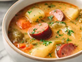 Kielbasa Sausage Potato Soup 50 A bowl of creamy Kielbasa Sausage Potato Soup with chunks of potato, sliced sausage, and fresh herbs.