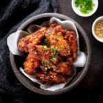 Korean Chicken Wings glazed in a glossy red sauce, garnished with sesame seeds and green onions in a dark bowl.