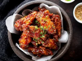 Korean Chicken Wings glazed in a glossy red sauce, garnished with sesame seeds and green onions in a dark bowl.