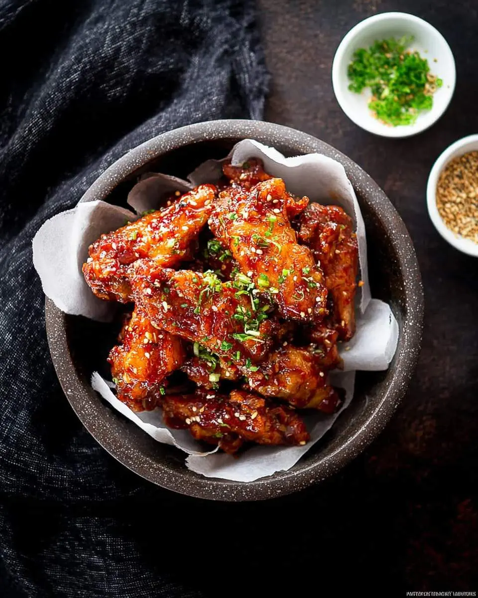 Korean Chicken Wings glazed in a glossy red sauce, garnished with sesame seeds and green onions in a dark bowl.
