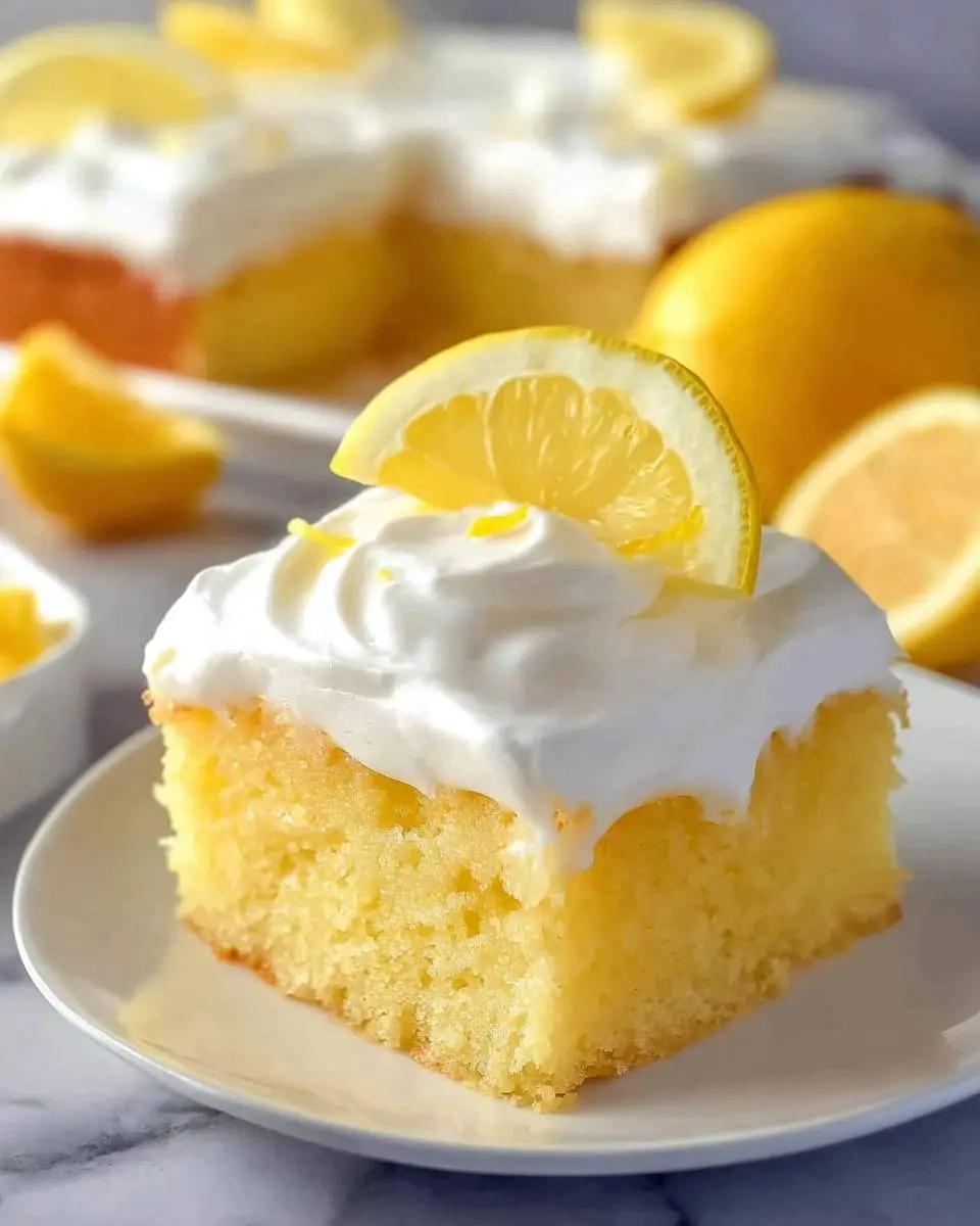 A slice of Lemon Poke Cake topped with whipped cream and a fresh lemon slice on a white plate.