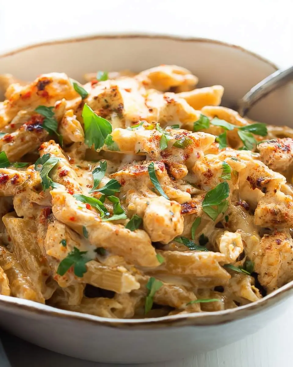 Creamy Louisiana Chicken Pasta Bake topped with fresh herbs and spices in a white bowl with a serving spoon.