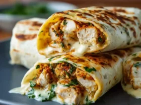 Low Carb Cheesy Garlic Chicken Wraps cut in half and stacked on a dark plate, showing melted cheese and seasoned chicken inside.