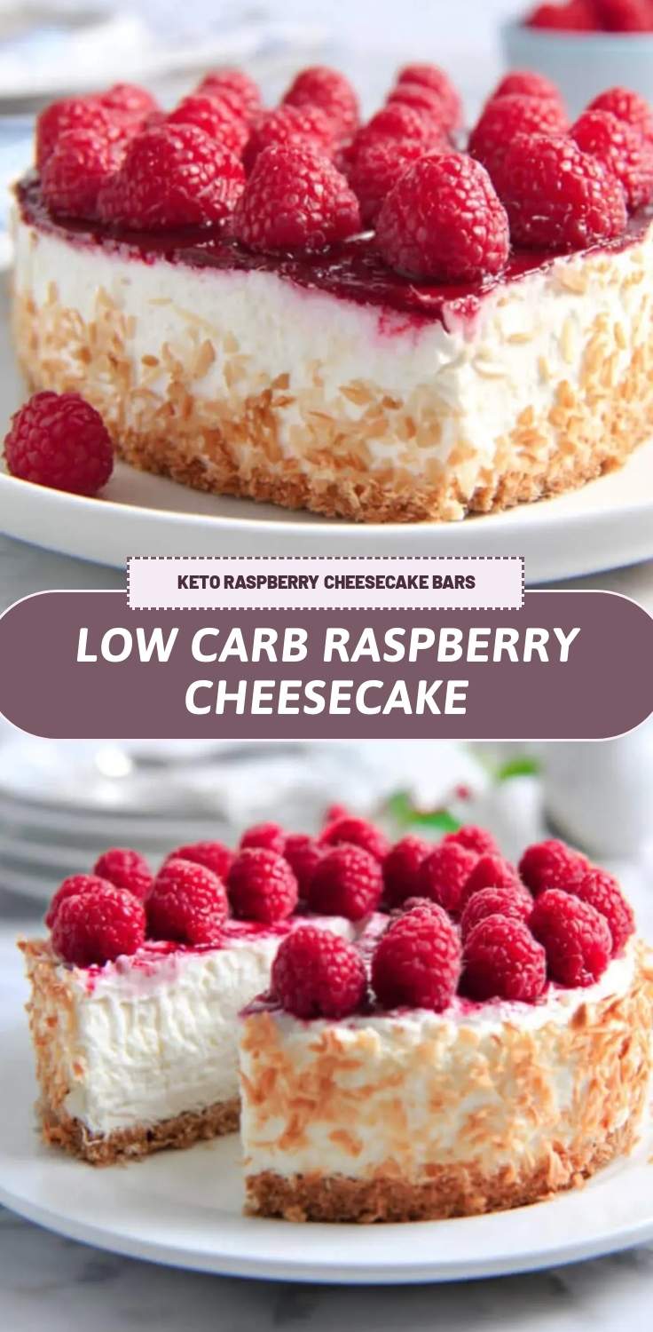 Low Carb Raspberry Cheesecake 27 sliced cheesecake on white plate with fresh raspberry garnish