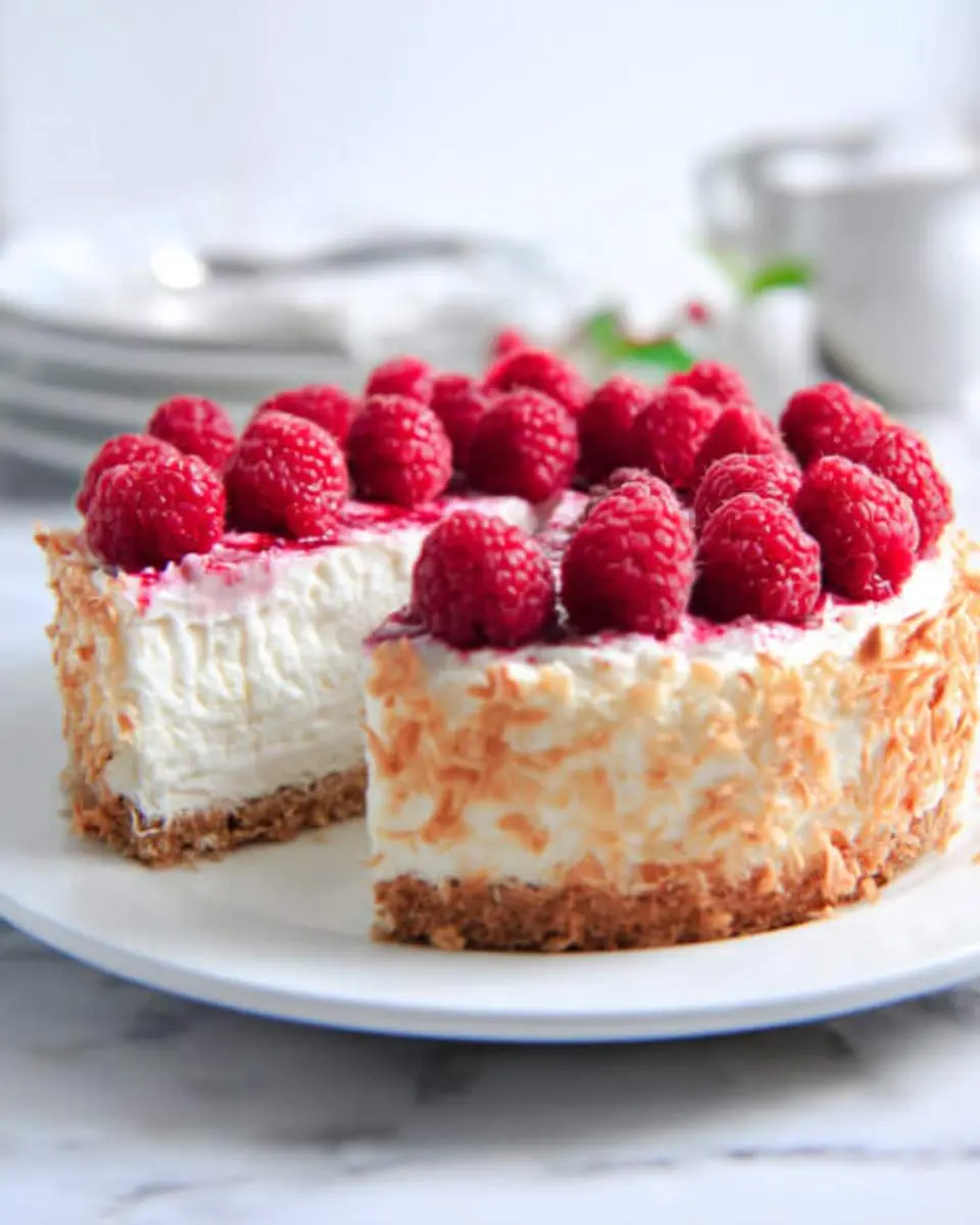 Low Carb Raspberry Cheesecake 28 A sliced Low Carb Raspberry Cheesecake topped with fresh raspberries and toasted coconut on a white plate.