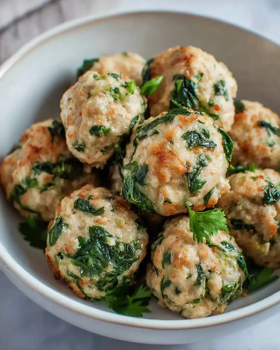 A white bowl filled with golden-brown Low Carb Spinach Chicken Meatballs garnished with fresh herbs.