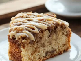 A slice of Maple Walnut Coffee Cake with crumb topping and drizzle sits on a white plate beside a cup of coffee.