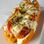 A Meatball Parmesan Sandwich on a toasted hoagie roll, topped with melted mozzarella, marinara sauce, and fresh herbs.
