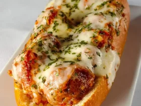 Meatball Parmesan Sandwich 39 A Meatball Parmesan Sandwich on a toasted hoagie roll, topped with melted mozzarella, marinara sauce, and fresh herbs.