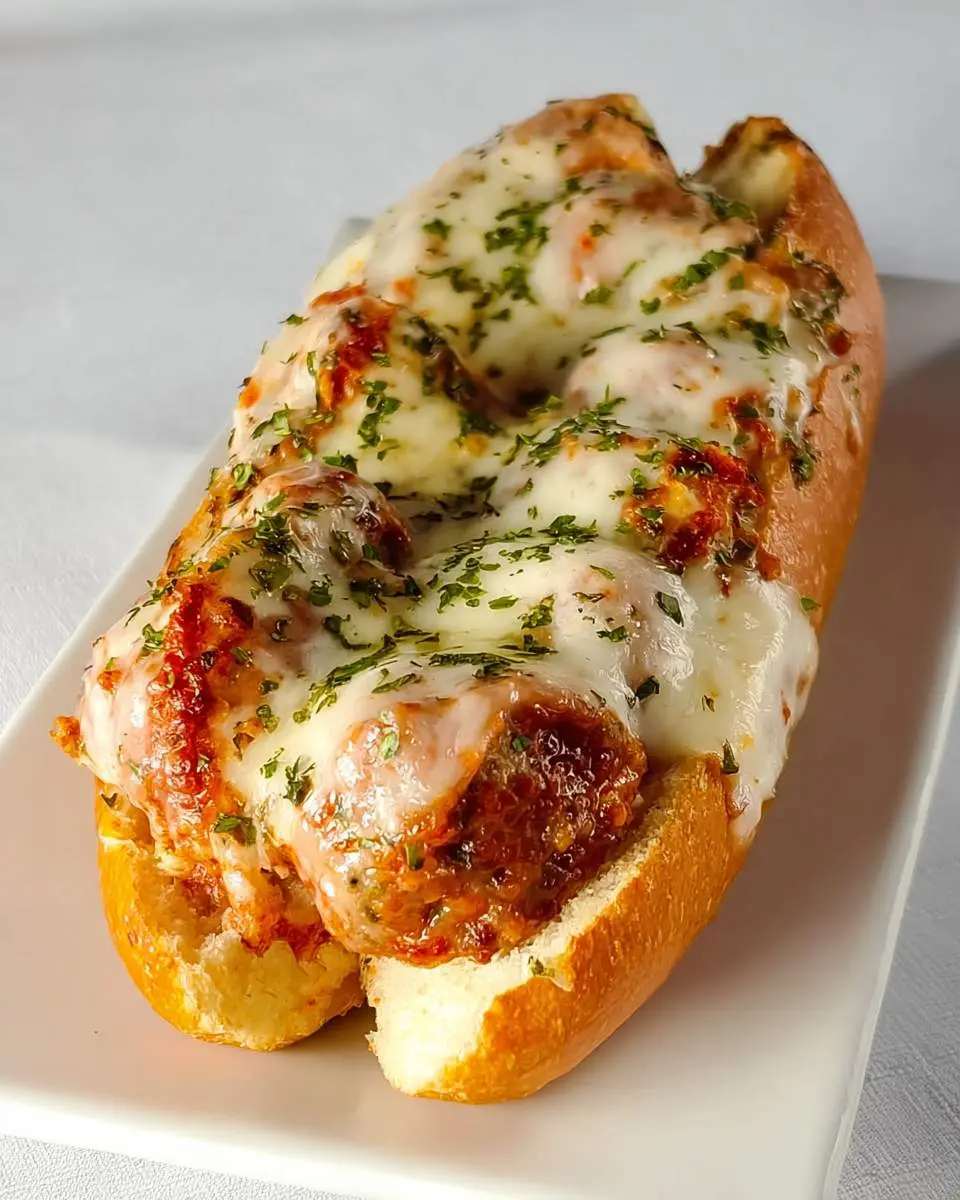A Meatball Parmesan Sandwich on a toasted hoagie roll, topped with melted mozzarella, marinara sauce, and fresh herbs.