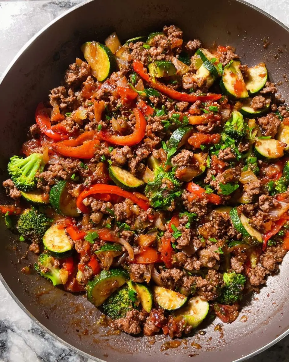 Mediterranean Ground Beef and Vegetables stir-fry with zucchini, broccoli, and red peppers in a skillet.