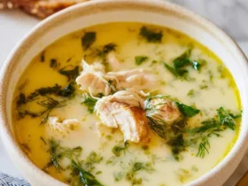 Mediterranean Lemon Chicken Soup 41 A creamy bowl of Mediterranean Lemon Chicken Soup topped with fresh herbs and shredded chicken, served with crusty bread.