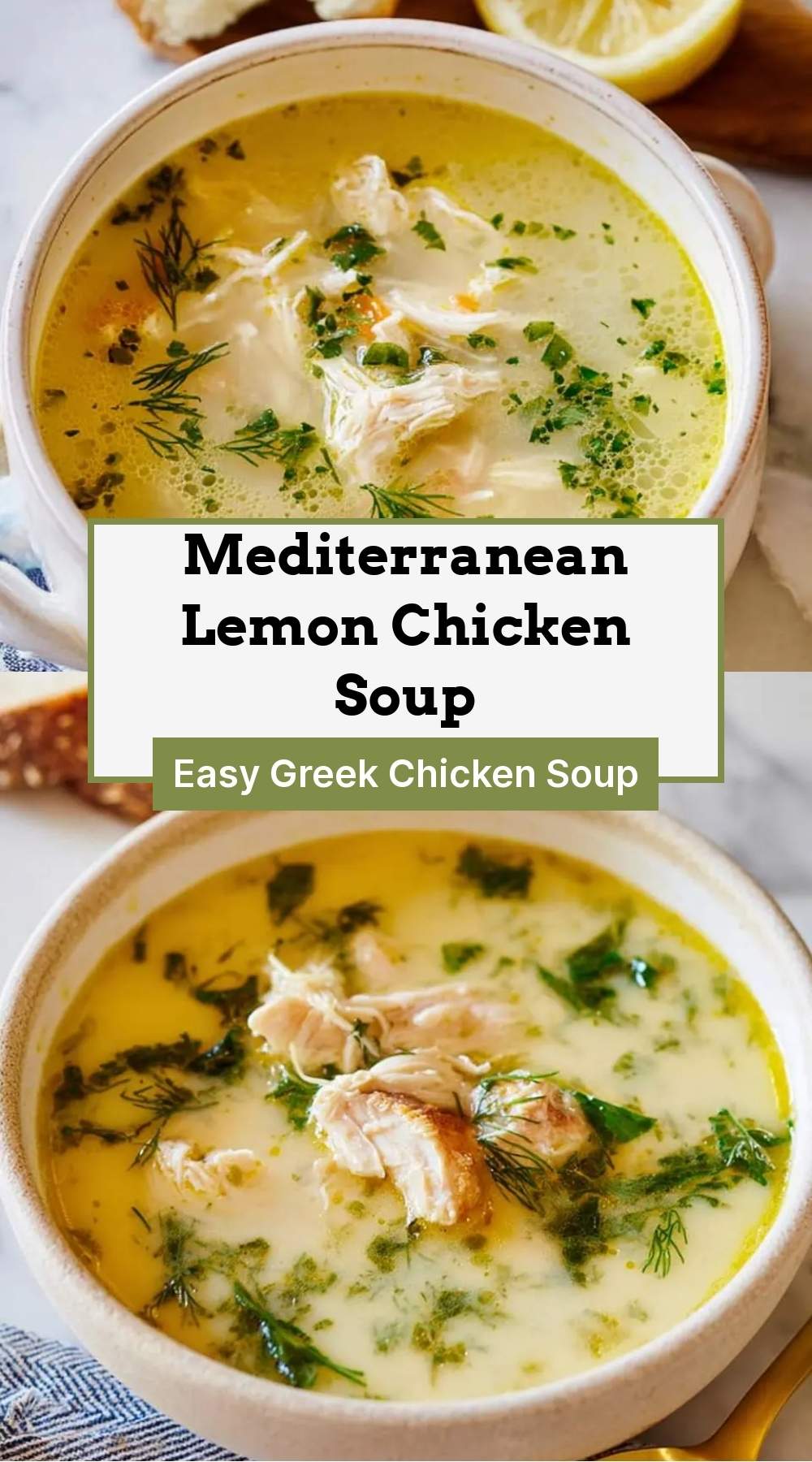finished bowl of soup garnished with fresh dill and lemon wedges
