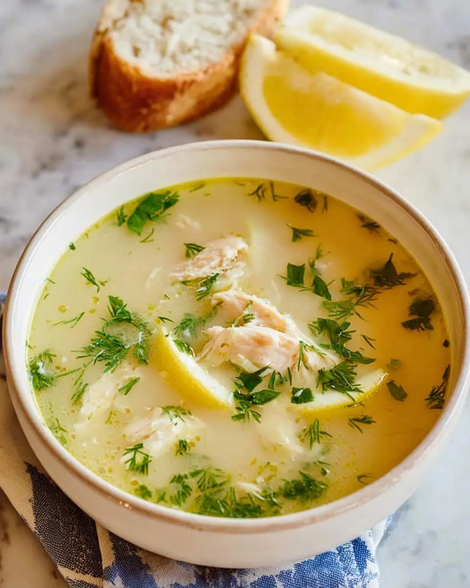 Mediterranean lemon chicken soup ingredients arranged on a wooden cutting board with fresh lemons and herbs