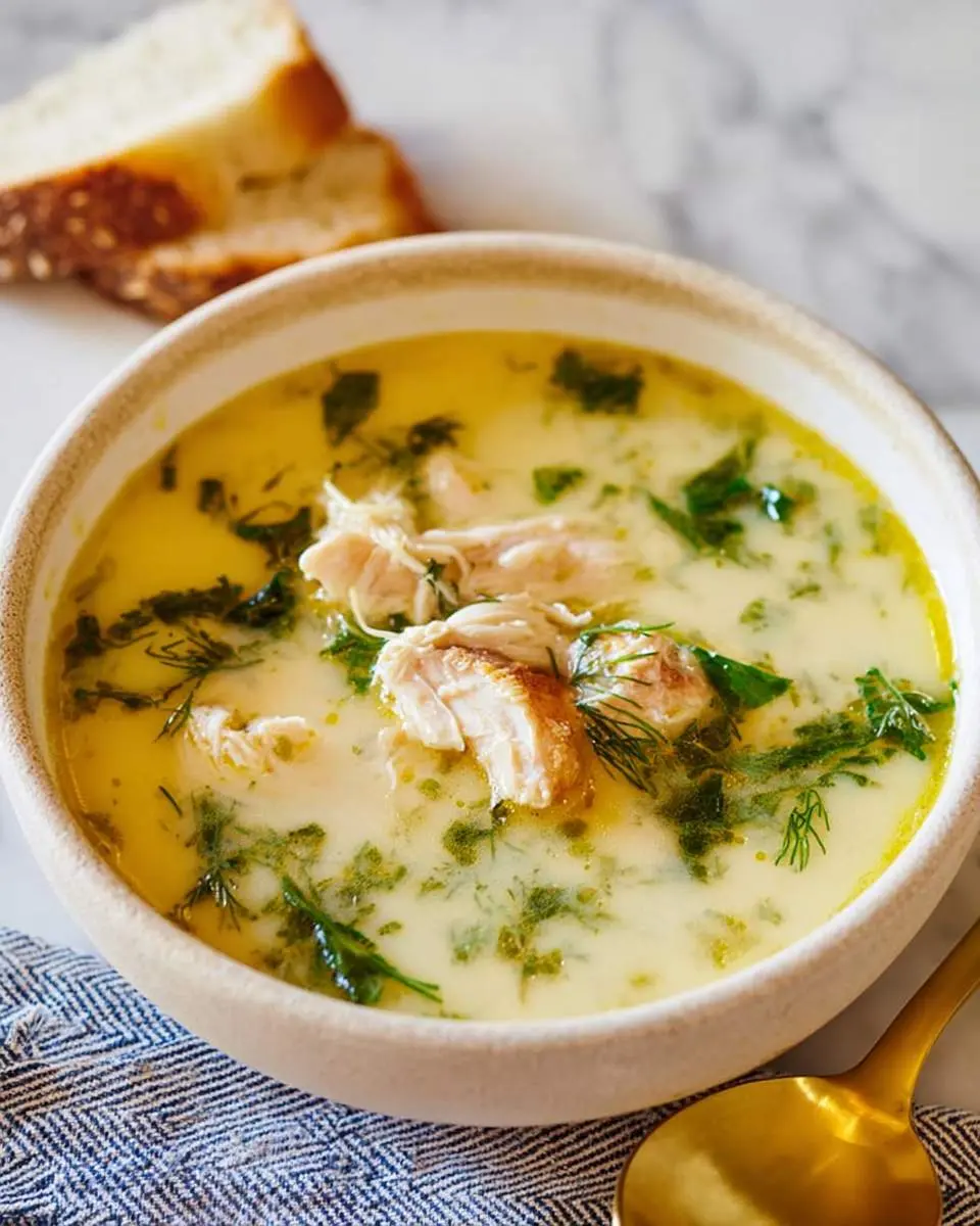 A creamy bowl of Mediterranean Lemon Chicken Soup topped with fresh herbs and shredded chicken, served with crusty bread.
