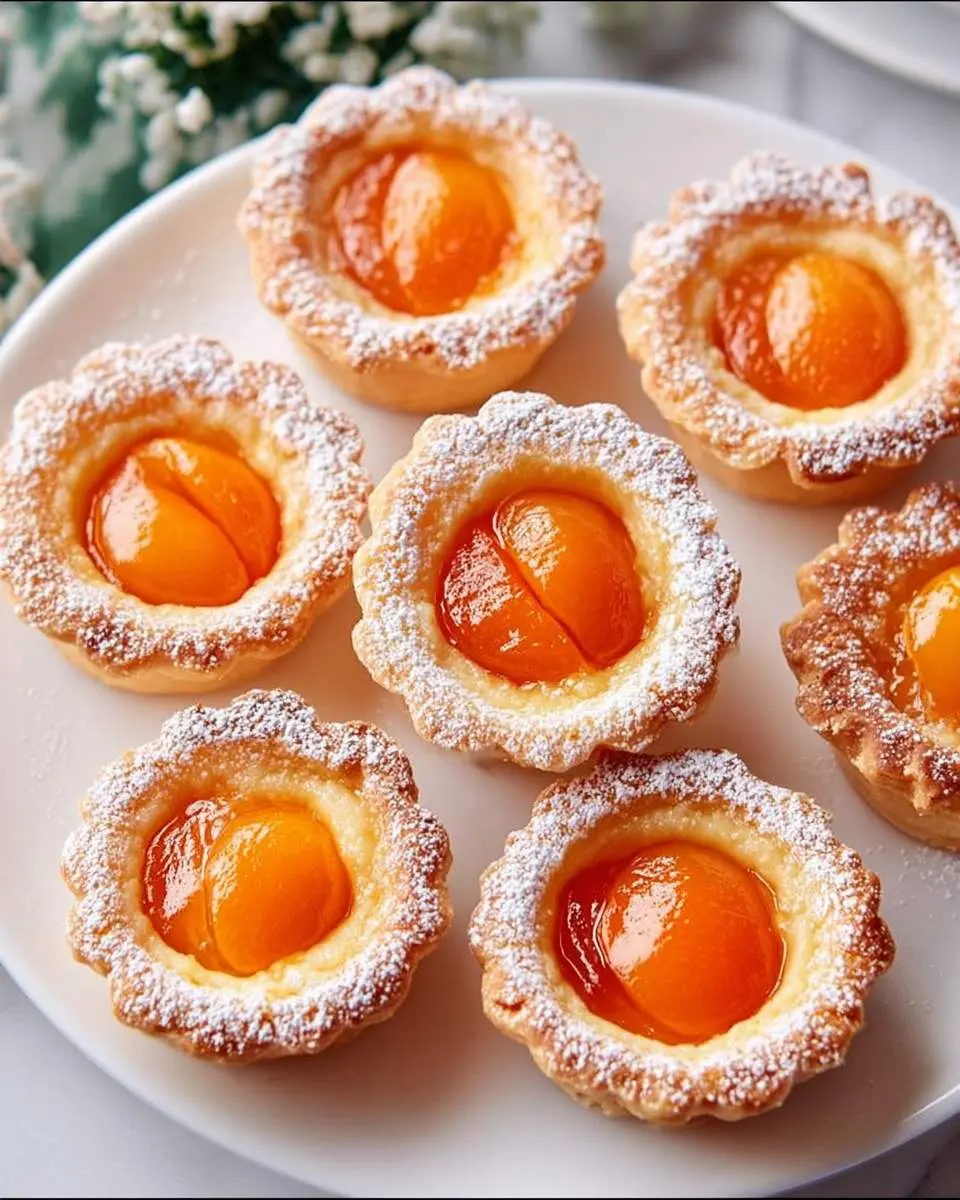 Mini Apricot Tarts 28 Seven Mini Apricot Tarts arranged on a white plate, each topped with powdered sugar and glazed apricot halves.