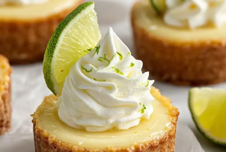 Mini Key Lime Pies topped with whipped cream and fresh lime slices on parchment paper.