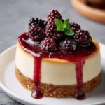 A creamy Mulberry Cheesecake topped with fresh mulberries, berry sauce drizzle, and a mint garnish on a white plate.