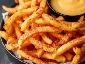 Golden crispy Nacho Fries sprinkled with spicy seasoning served with creamy cheese dipping sauce in a black bowl.