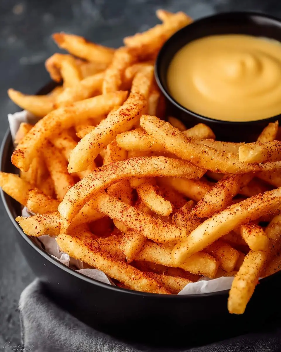 Golden crispy Nacho Fries sprinkled with spicy seasoning served with creamy cheese dipping sauce in a black bowl.