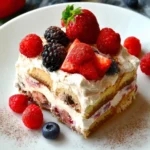 A slice of No-Bake Berry Tiramisu topped with fresh strawberries, raspberries, blackberries, and blueberries on a white plate.