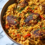 One-Pan Cajun Chicken and Rice with seasoned chicken thighs and vibrant rice in a skillet.
