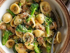 A rustic bowl of Orecchiette with Sausage and Broccoli topped with grated Parmesan cheese and fresh herbs.