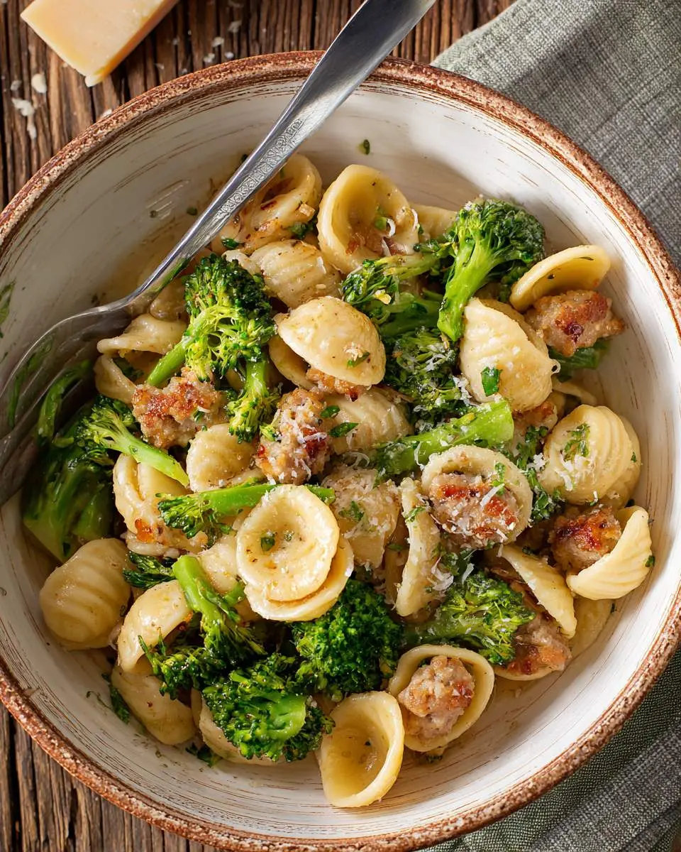 orecchiette pasta tossed with crumbled sausage and bright green broccoli florets